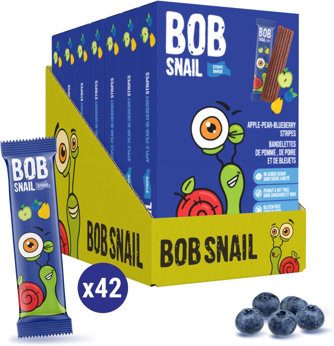 Bob Snail Healthy Snacks Family Pack - Vegan Fruit Leather with Apple & Blueberry, Candy box Fruit Snacks, All Natural Healthy Snacks for kids, No Added Sugar sour Candy 42 pcs Pack