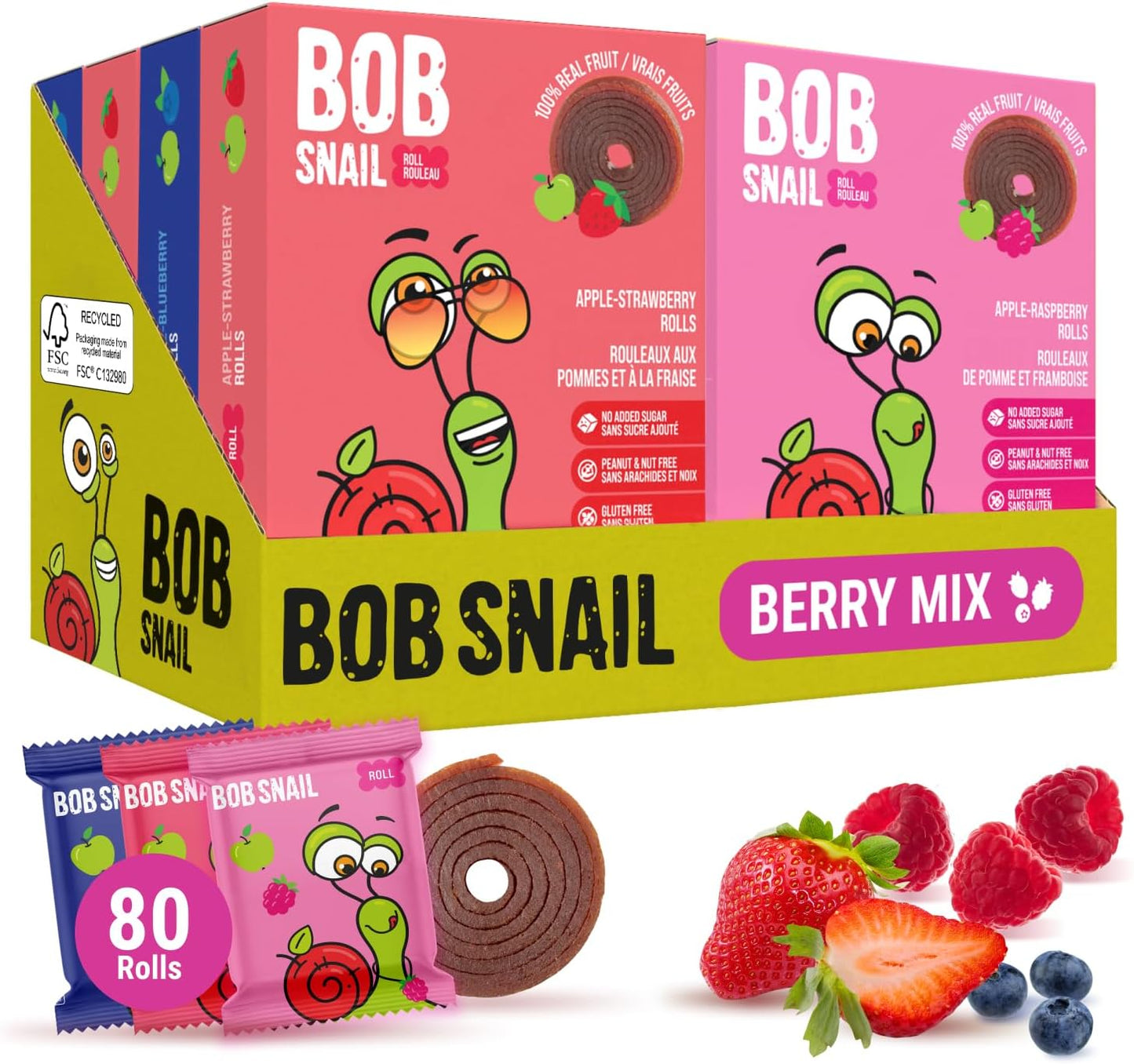 Bob Snail Healthy Snacks Sweet & Sour Family Pack - Nut free fruit Rolls with Blueberry, Raspberry & Strawberry, Candy box Fruit Snacks,