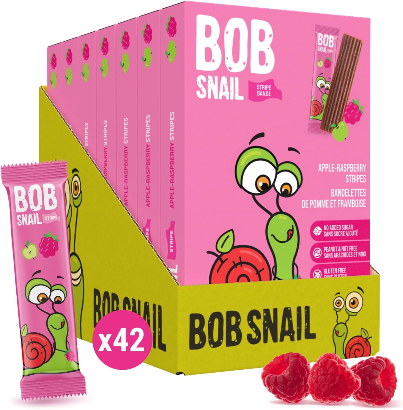 Bob Snail Healthy Snacks Family Pack - Vegan Fruit Leather with Apple & Raspberry, Candy box Fruit Snacks, All Natural Healthy Snacks for kids, No Added Sugar sour Candy 42 pcs Pack