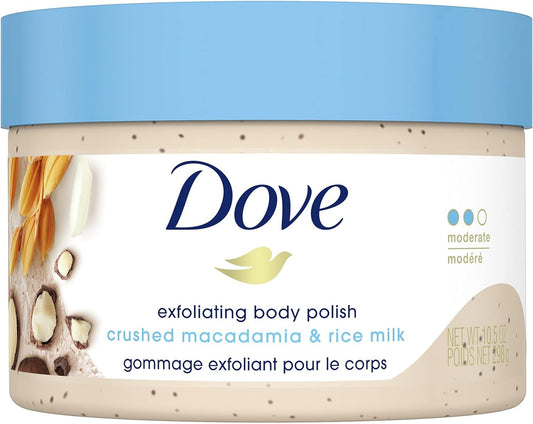 Dove Exfoliating Body Polish moderate exfoliant Macadamia & Rice Milk gentle to skin microbiome