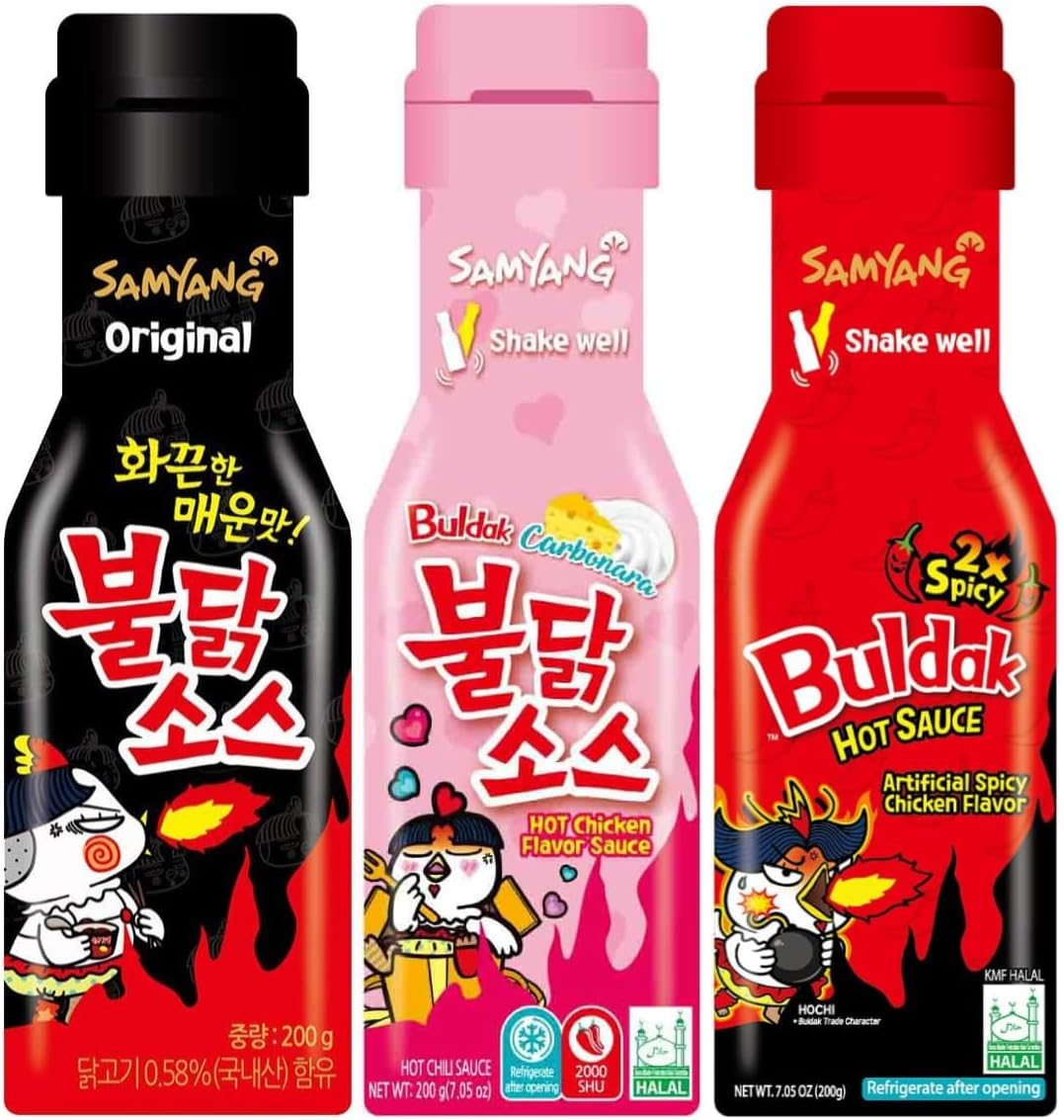 Samyang Buldak Sauce Hot Sauce Variety Set - Buldak Ramen Carbonara, Hot Sauce Piquante, Hot Chicken Flavor