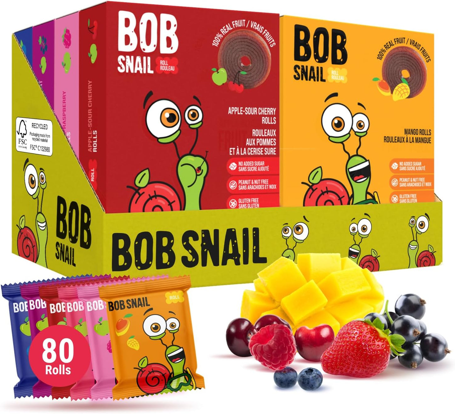 Bob Snail Healthy Snacks Mix Family Pack - Gluten free fruit Roll Ups with Dried Pear,Mango,Cherry, Blueberry,Raspberry & Blackberry, Candy box Fruit Snacks