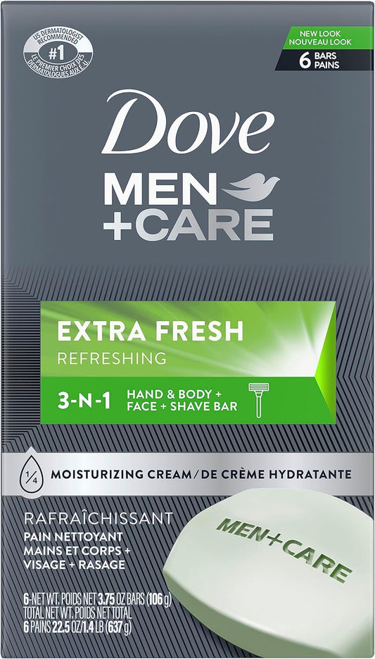 Dove Men + Care Extra Fresh Hand & Body, Face & Shave Bar Soap for refreshed skin with ¼ moisturizing cream